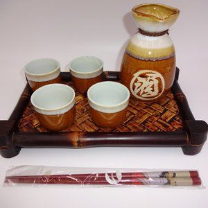 5 Pc MCI Japan Brown Sake Set & 1 Tray & 1 Pair Chopsticks 1 Flask Carafe 4 Cups